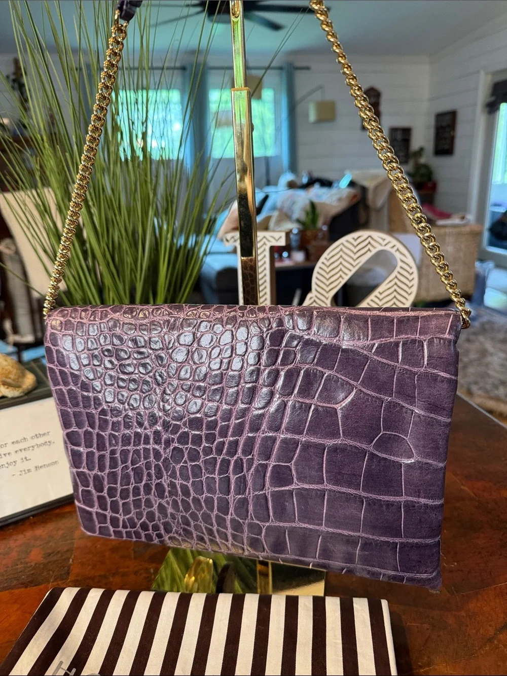 henri bendel Plum Croc-Embossed Leather Chain Shoulder Clutch